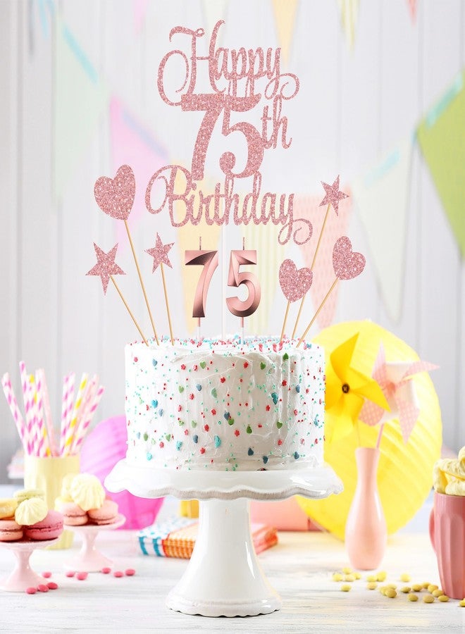 Lecferrarc 75th Birthday Cake Decorations, 75th Birthday Candles Cake Numeral Candles and Glitter Happy 75th Birthday Cake Toppers Set for Birthday Party Supplies (Rose Gold) - Image 4